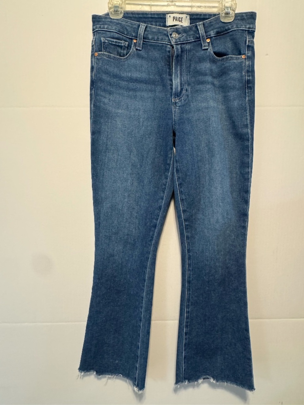 PAIGE Colette Crop Flare Jeans Size 29 Medium Wash High Rise Raw Hem Stretch